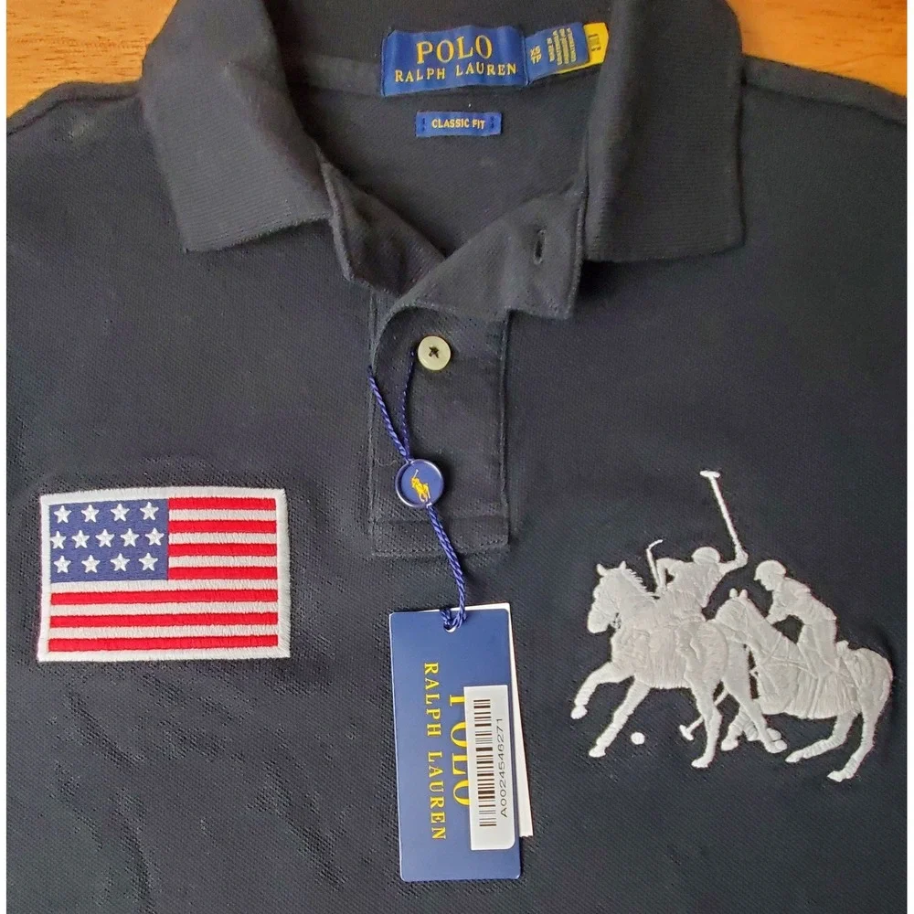 Polo Ralph Lauren NWT Classic Fit Polo Black American Flag White Dual Match Pony